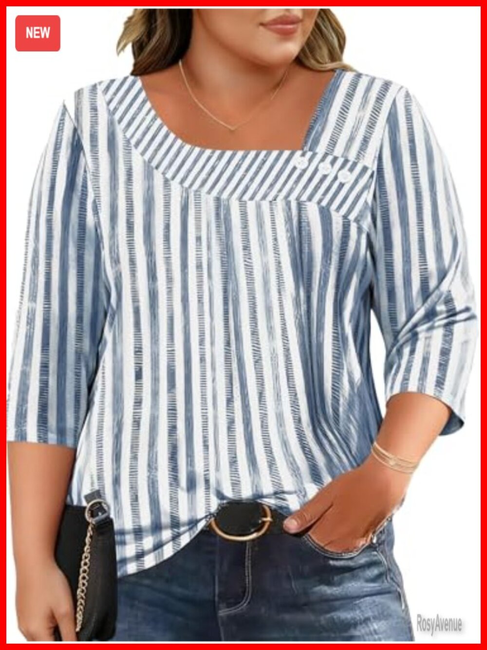Plus Size 3/4 Sleeve Asymmetrical Neck Blouse Button Front Tunic Top